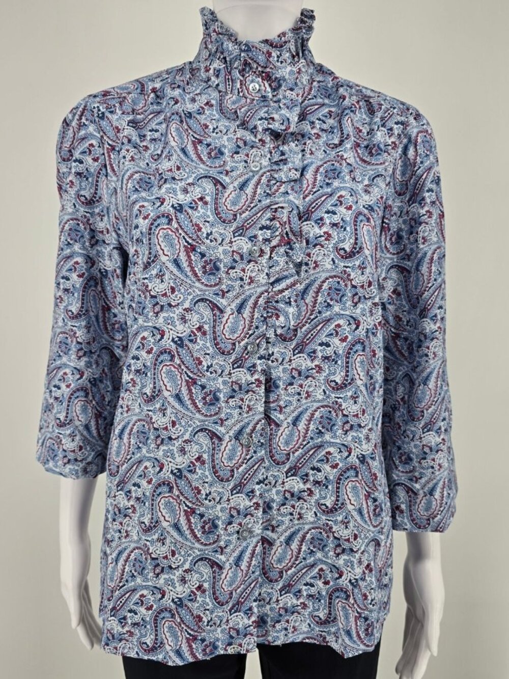 Vintage 1970s Fire Islander Blue Paisley Ruffle Neck Prairie Blouse (L)